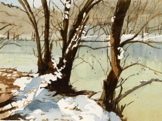 Watercolour landscape painting of snow-covered ground with bare winter trees beside a frozen lake by Canadian watercolour artist Brigitte Klassen