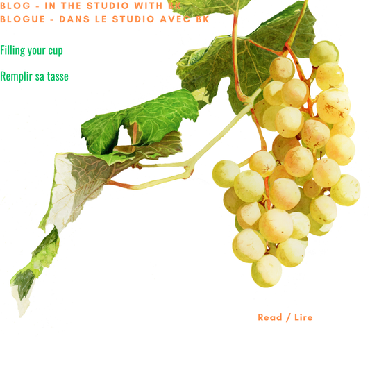 Luminous watercolour painting of golden-green grapes hanging on the vine with fresh leaves on white background by Canadian watercolour artist Brigitte Klassen