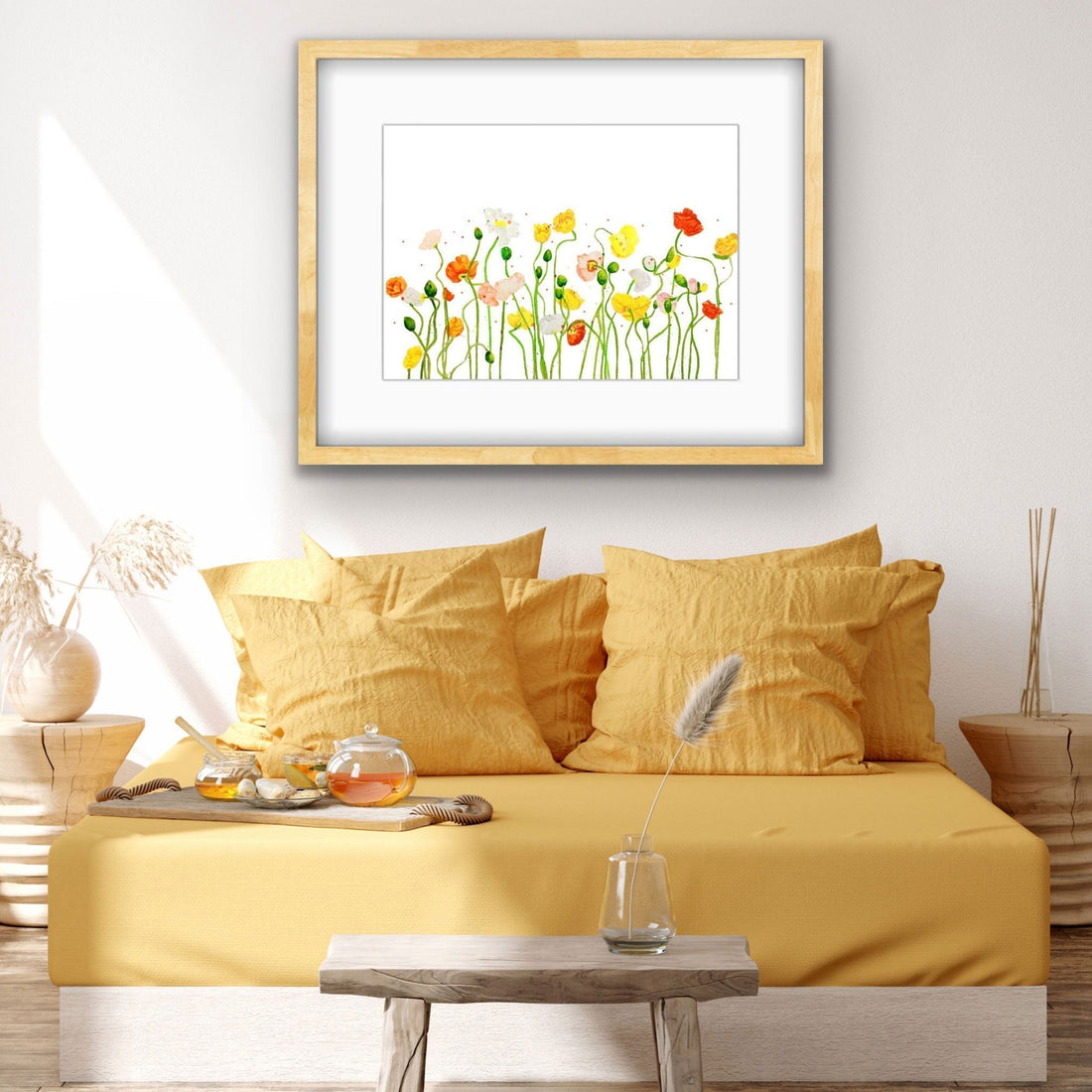 Cheerful watercolour painting of yellow, orange, and red poppies on long stems displayed in a sunny room setting by Canadian watercolour artist Brigitte Klassen