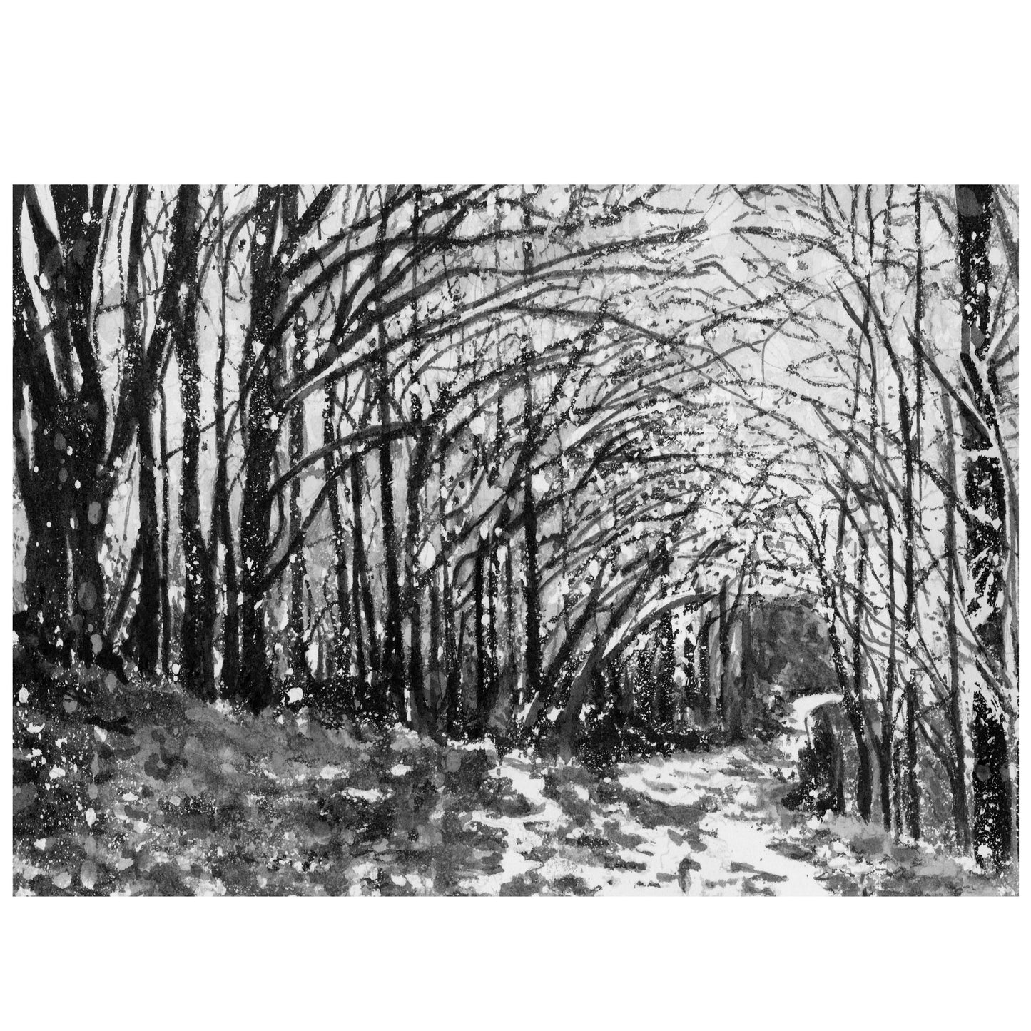 Black and white forest landscape with snow limited edition giclée print by Canadian watercolour artist Brigitte Klassen