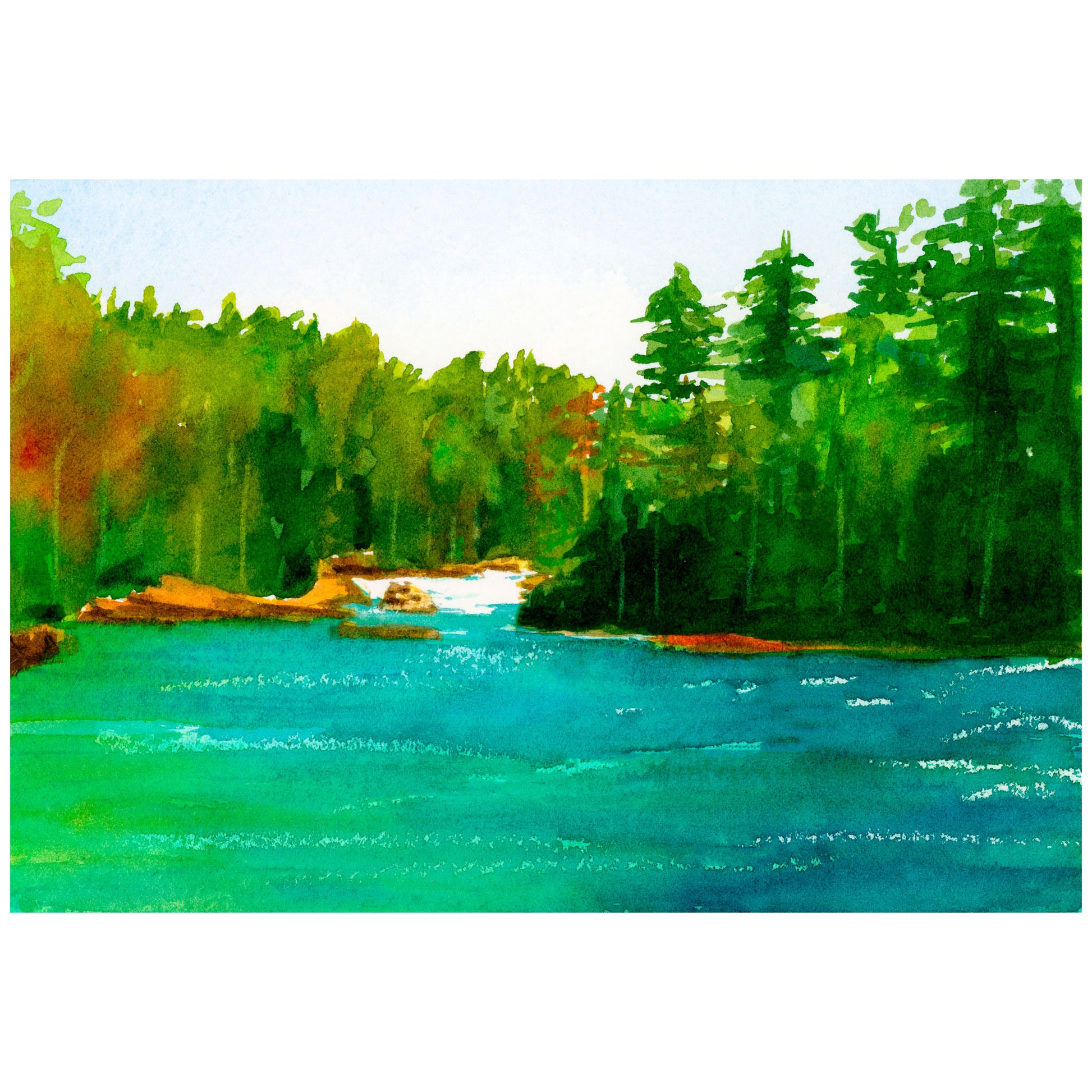 Sparkling turquoise forest lake with green shoreline and rocky coast limited edition giclée print by Canadian watercolour artist Brigitte Klassen