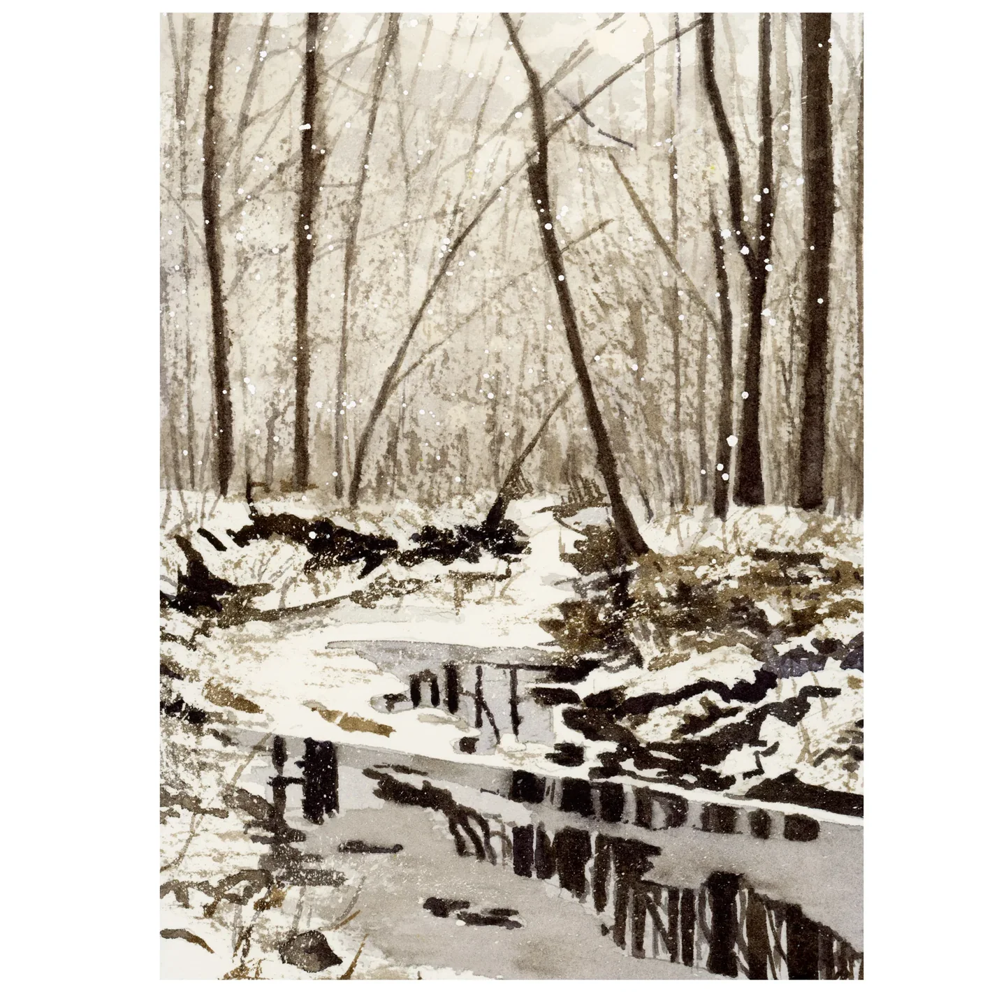 Original watercolour painting of a winter landscape scene with trees and reflections in a stream by Canadian artist Brigitte Klassen