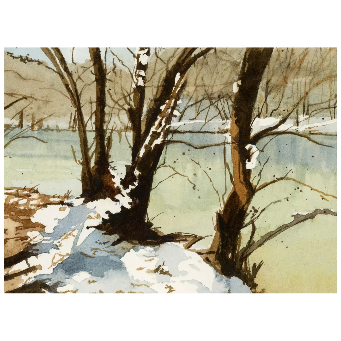 Original watercolour painting of a frozen pond in winter with trees by Canadian Artist Brigitte Klassen