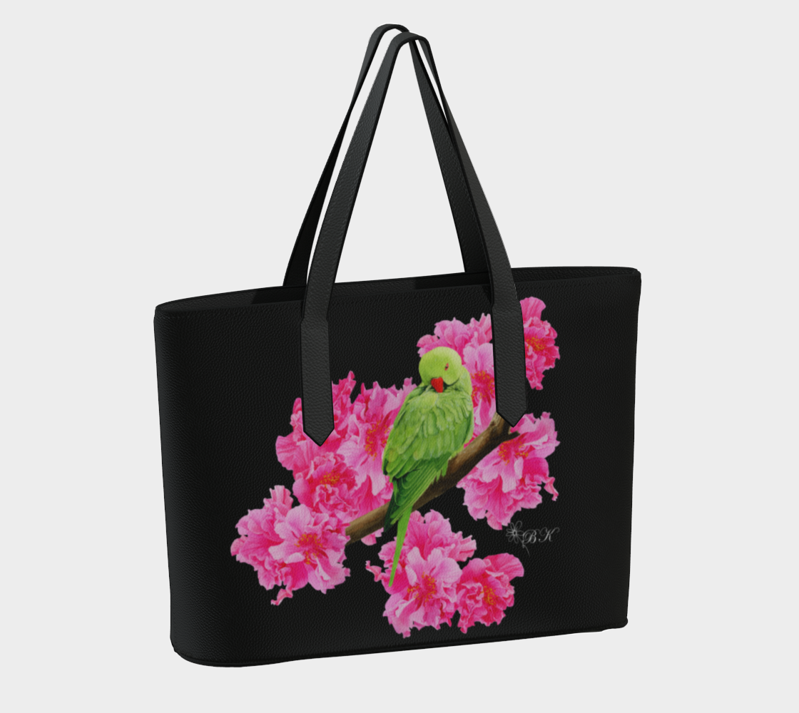 Pink Hibiscus - Vegan Leather Tote Bag - Black